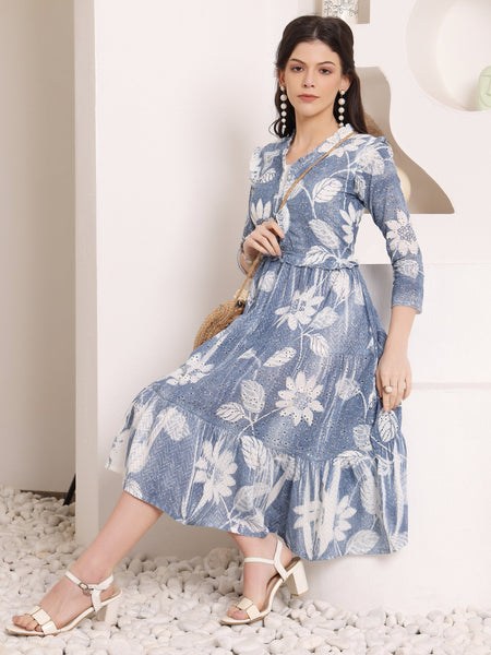 Cotton Schiffli Hand Printed Tiered A-Line Dress