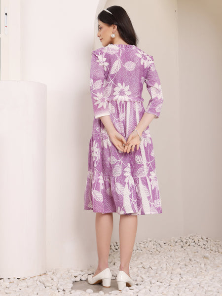 Cotton Schiffli Hand Printed Tiered A-Line Dress