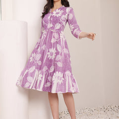 Cotton Schiffli Hand Printed Tiered A-Line Dress