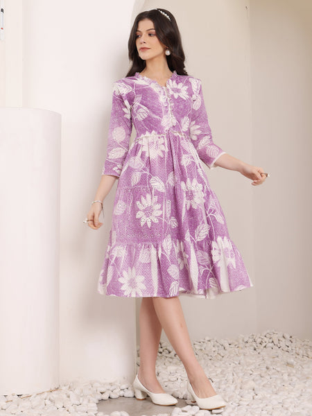 Cotton Schiffli Hand Printed Tiered A-Line Dress