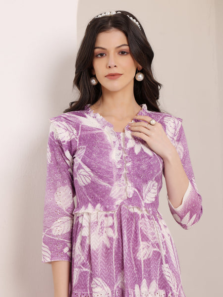 Cotton Schiffli Hand Printed Tiered A-Line Dress