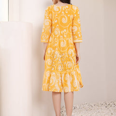 Cotton Schiffli Hand Printed Tiered A-Line Dress