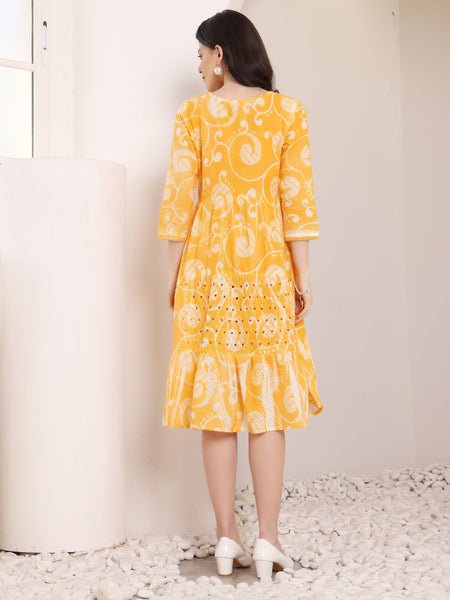 Cotton Schiffli Hand Printed Tiered A-Line Dress