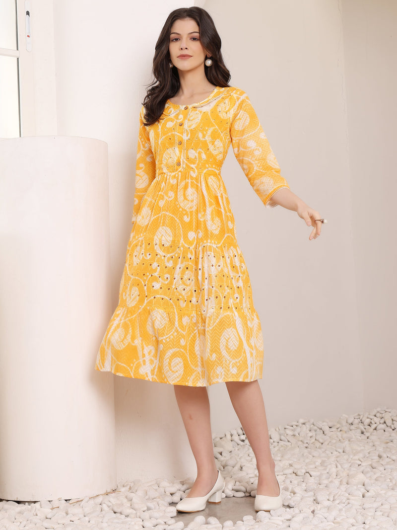 Cotton Schiffli Hand Printed Tiered A-Line Dress