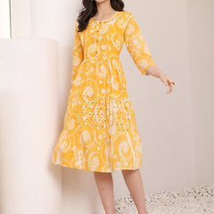 Cotton Schiffli Hand Printed Tiered A-Line Dress