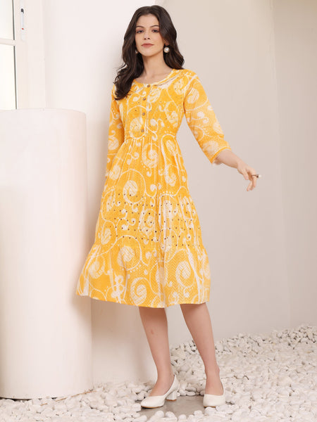 Cotton Schiffli Hand Printed Tiered A-Line Dress