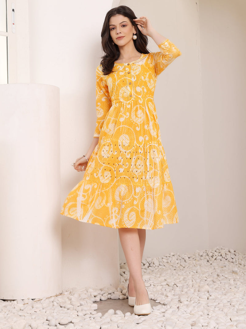 Cotton Schiffli Hand Printed Tiered A-Line Dress