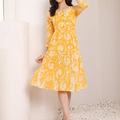 Cotton Schiffli Hand Printed Tiered A-Line Dress