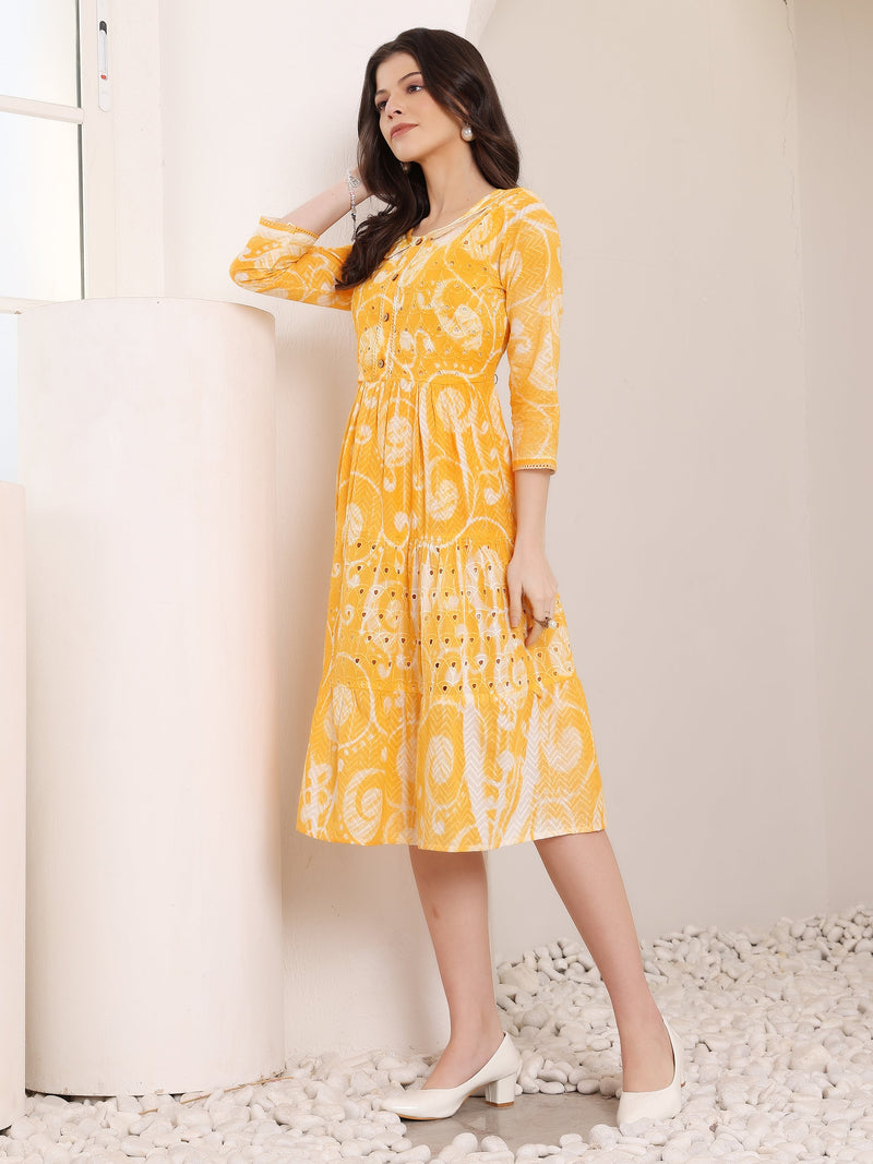 Cotton Schiffli Hand Printed Tiered A-Line Dress