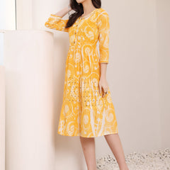 Cotton Schiffli Hand Printed Tiered A-Line Dress