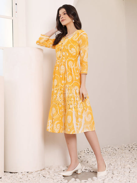 Cotton Schiffli Hand Printed Tiered A-Line Dress