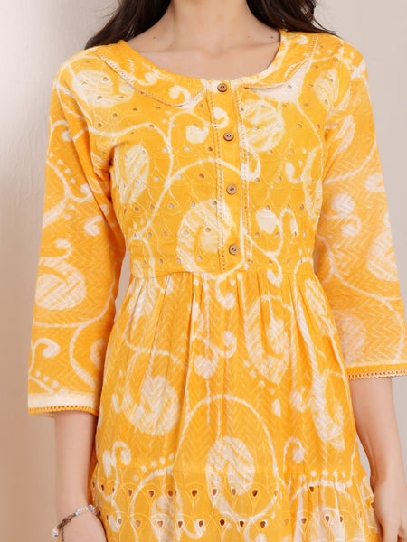 Cotton Schiffli Hand Printed Tiered A-Line Dress