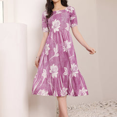 Cotton Schiffli Hand Printed Knee Length Dress