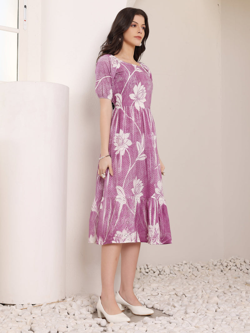 Cotton Schiffli Hand Printed Knee Length Dress