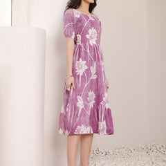 Cotton Schiffli Hand Printed Knee Length Dress