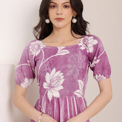 Cotton Schiffli Hand Printed Knee Length Dress