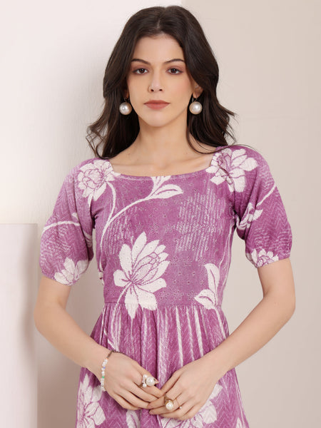 Cotton Schiffli Hand Printed Knee Length Dress