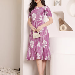 Cotton Schiffli Hand Printed Knee Length Dress