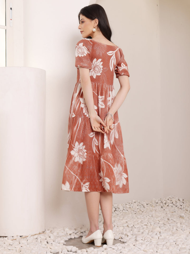 Cotton Schiffli Hand Printed Knee Length Dress