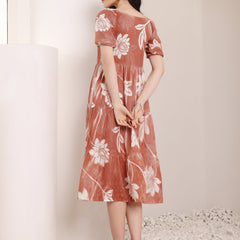 Cotton Schiffli Hand Printed Knee Length Dress