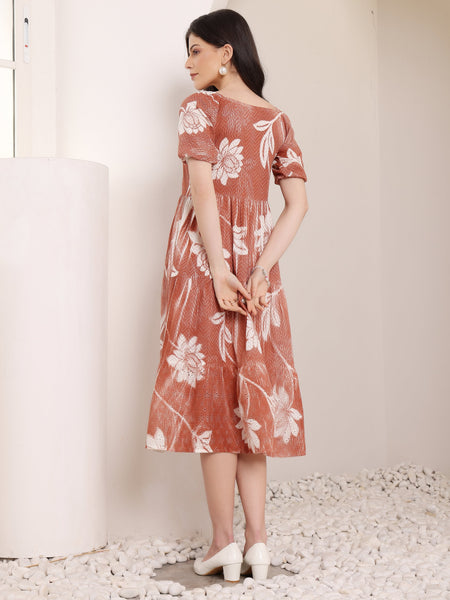 Cotton Schiffli Hand Printed Knee Length Dress