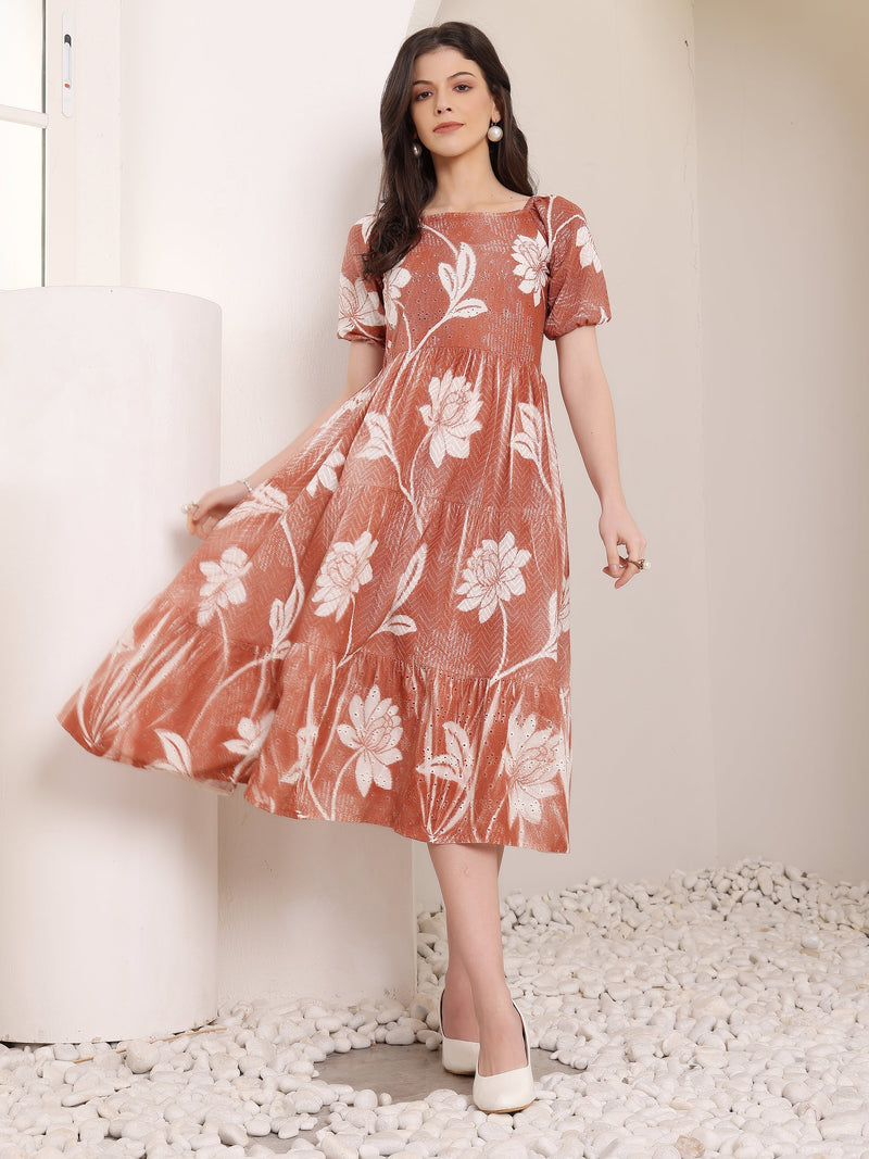 Cotton Schiffli Hand Printed Knee Length Dress