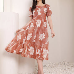 Cotton Schiffli Hand Printed Knee Length Dress