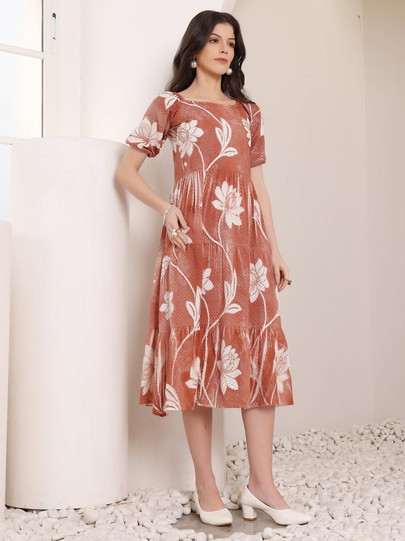Cotton Schiffli Hand Printed Knee Length Dress