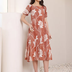 Cotton Schiffli Hand Printed Knee Length Dress