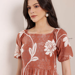 Cotton Schiffli Hand Printed Knee Length Dress