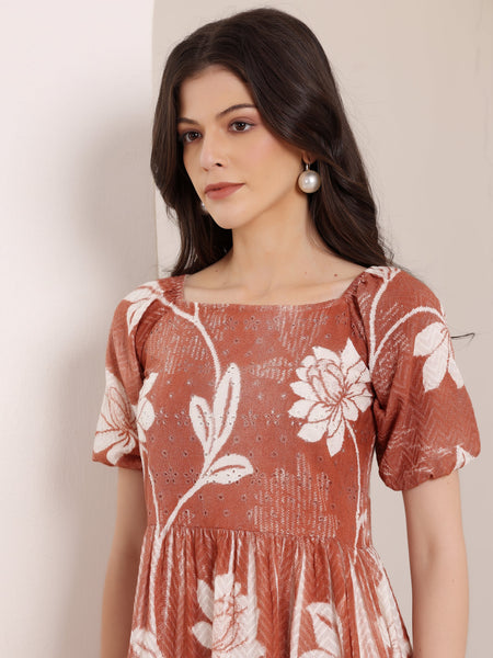 Cotton Schiffli Hand Printed Knee Length Dress