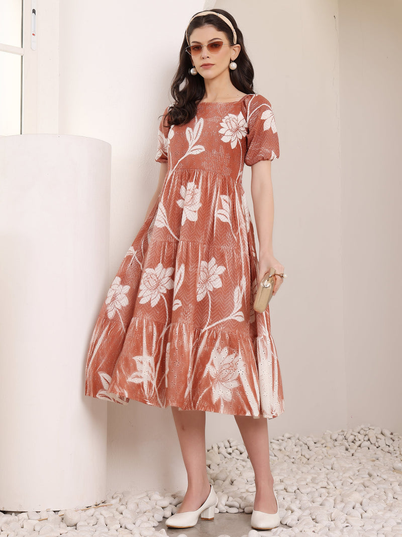 Cotton Schiffli Hand Printed Knee Length Dress