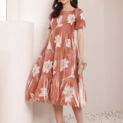 Cotton Schiffli Hand Printed Knee Length Dress