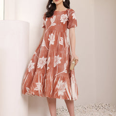 Cotton Schiffli Hand Printed Knee Length Dress