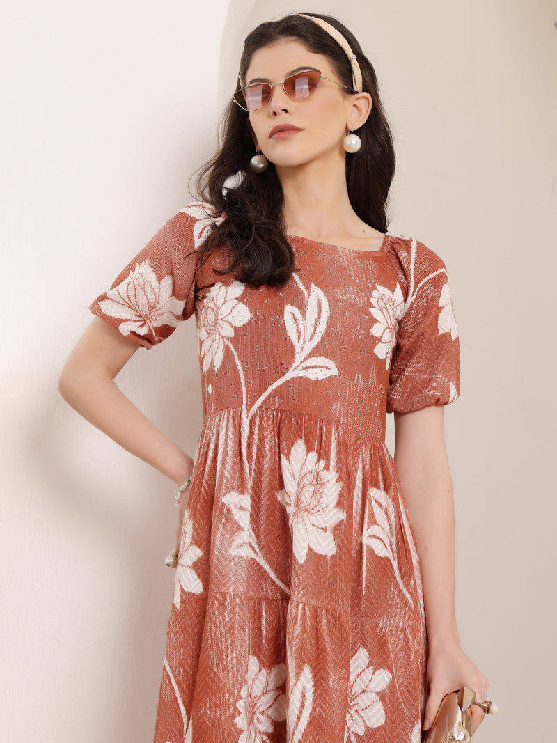 Cotton Schiffli Hand Printed Knee Length Dress