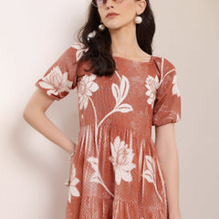 Cotton Schiffli Hand Printed Knee Length Dress