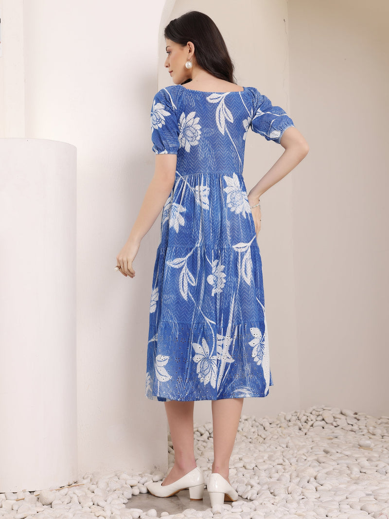 Cotton Schiffli Hand Printed Knee Length Dress