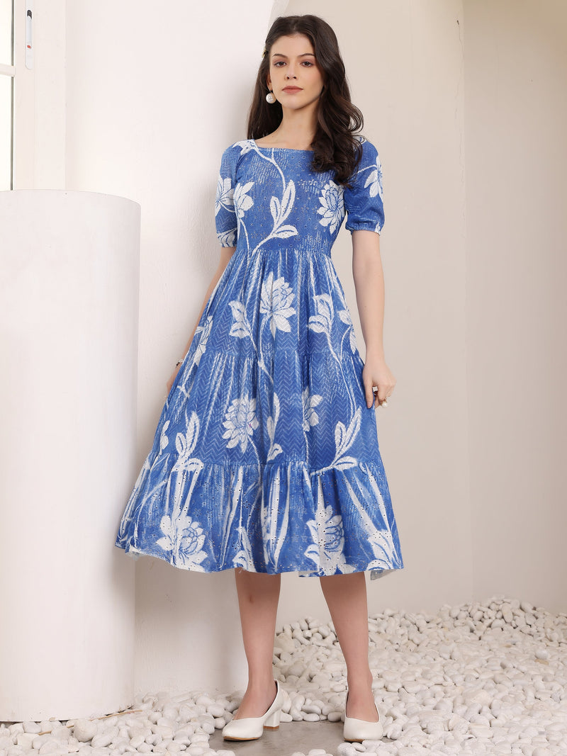 Cotton Schiffli Hand Printed Knee Length Dress