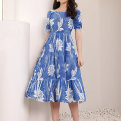Cotton Schiffli Hand Printed Knee Length Dress
