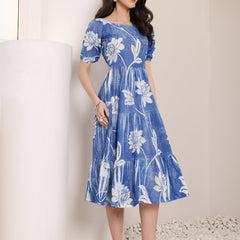 Cotton Schiffli Hand Printed Knee Length Dress