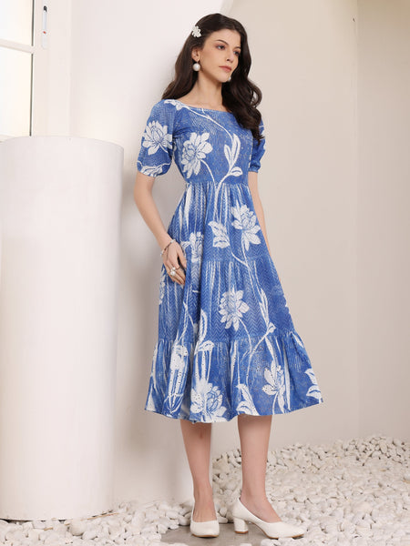 Cotton Schiffli Hand Printed Knee Length Dress