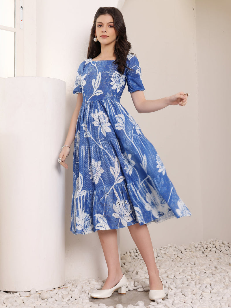 Cotton Schiffli Hand Printed Knee Length Dress