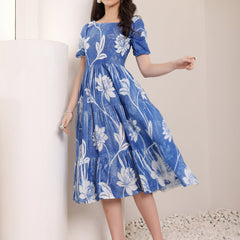 Cotton Schiffli Hand Printed Knee Length Dress