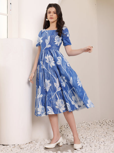 Cotton Schiffli Hand Printed Knee Length Dress