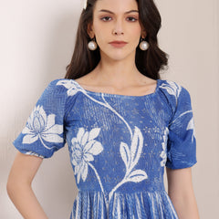 Cotton Schiffli Hand Printed Knee Length Dress