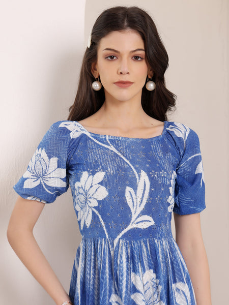 Cotton Schiffli Hand Printed Knee Length Dress