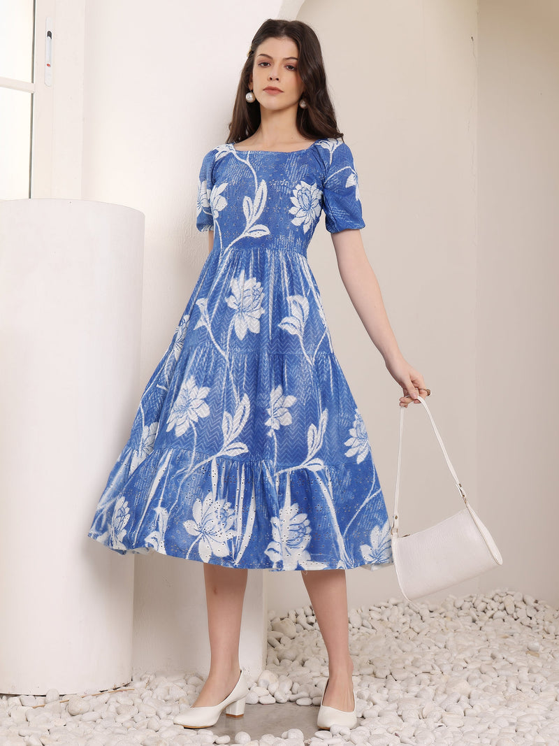 Cotton Schiffli Hand Printed Knee Length Dress