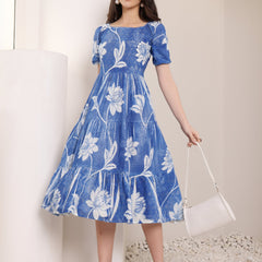 Cotton Schiffli Hand Printed Knee Length Dress