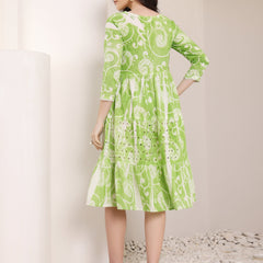 Cotton Schiffli Hand Printed Tiered A-Line Dress