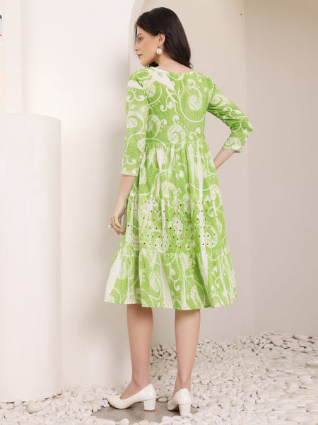 Cotton Schiffli Hand Printed Tiered A-Line Dress